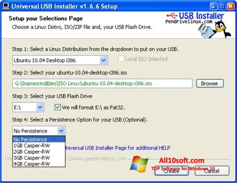 Posnetek zaslona Universal USB Installer Windows 10