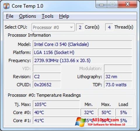 Posnetek zaslona Core Temp Windows 10