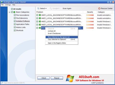 Posnetek zaslona Auslogics Registry Cleaner Windows 10