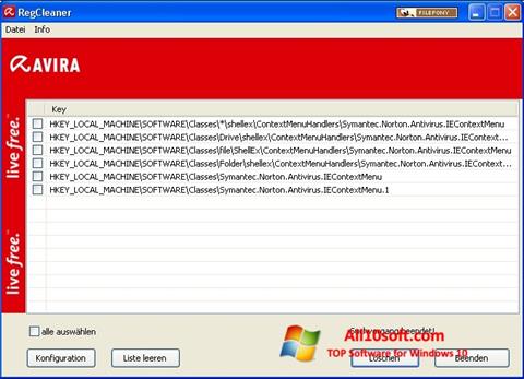 Posnetek zaslona Avira Registry Cleaner Windows 10
